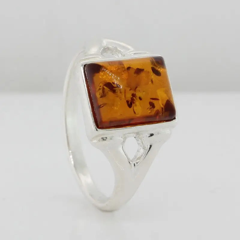 Sterling Silver Rectangle Orange Amber Ring