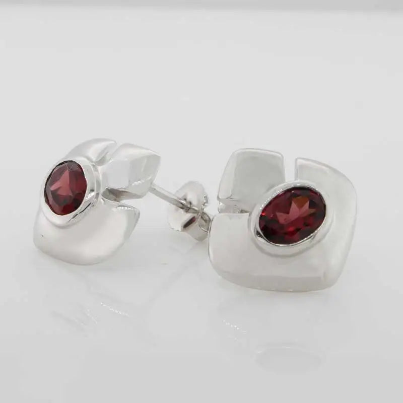 Sterling Silver Rodium Garnet Abstract Flower Stud Earrings