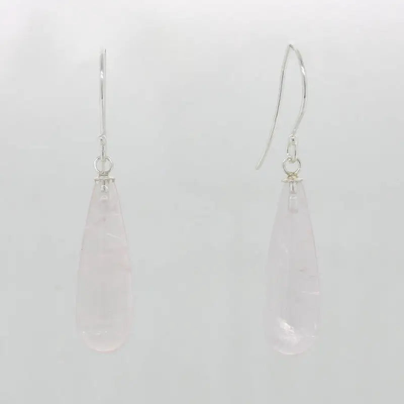 Sterling Silver Rose Quartz A+ Grade 22mm x 7mm Smooth Drop Shepherd Hook Earrings