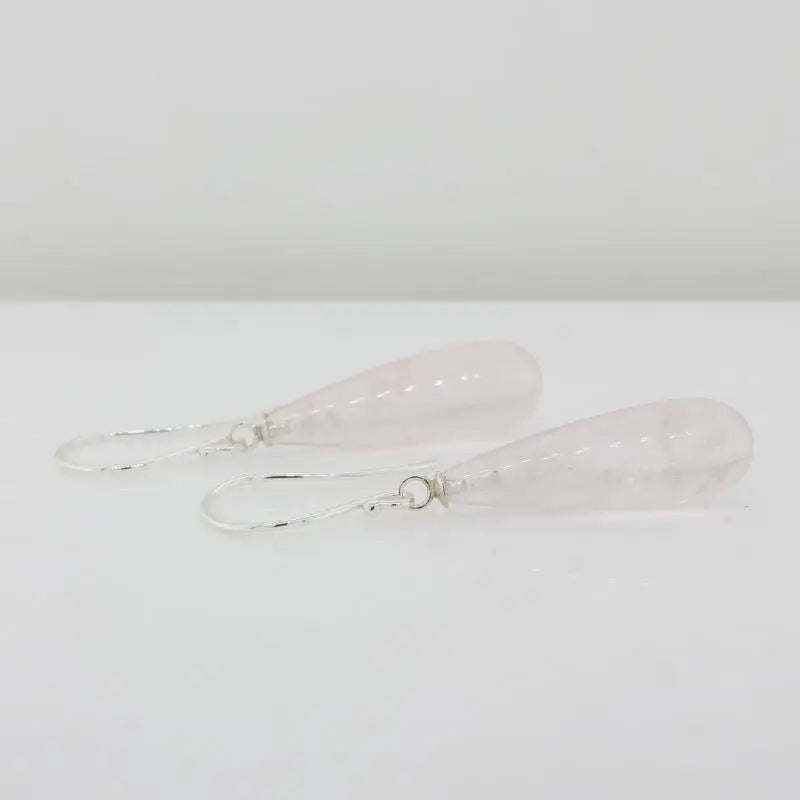 Sterling Silver Rose Quartz A+ Grade 22mm x 7mm Smooth Drop Shepherd Hook Earrings