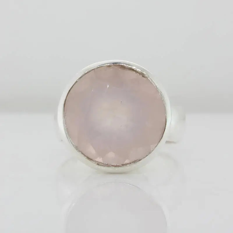 Sterling Silver Round Checkerboard Cut Rose Quartz 15mm x 15mm Bezel Set Ring Size S