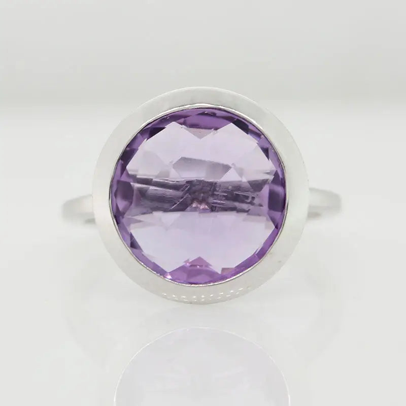Sterling Silver Round Faceted Amethyst Ring