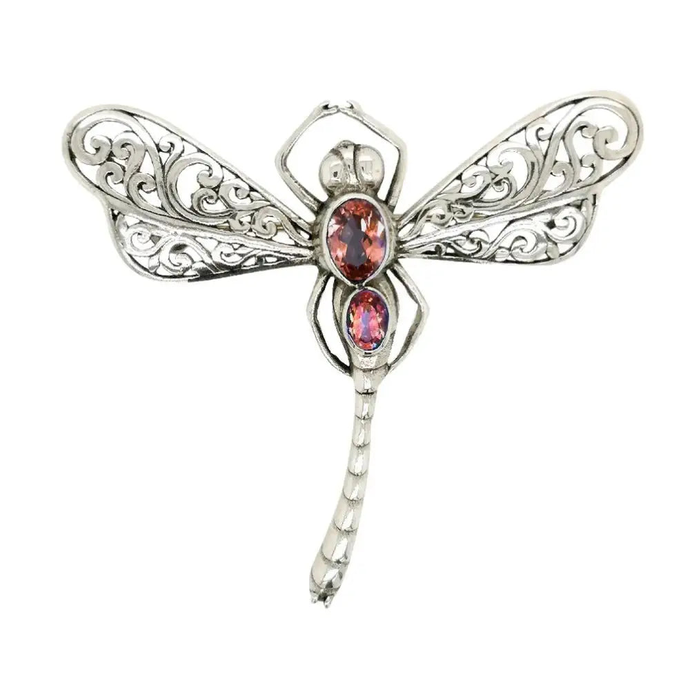 Sterling Silver Round & Garnet Dragonfly Brooch and Pendant