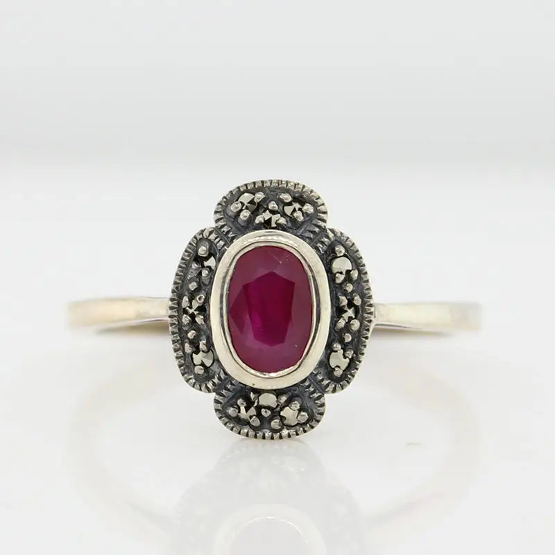 Sterling Silver Ruby & Marcasite Antique Style Ring