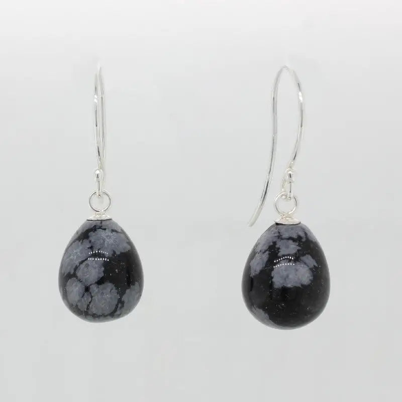 Sterling Silver Shepherd Hook Drop Earrings, 12 x 10mm Snowflake Obsidian