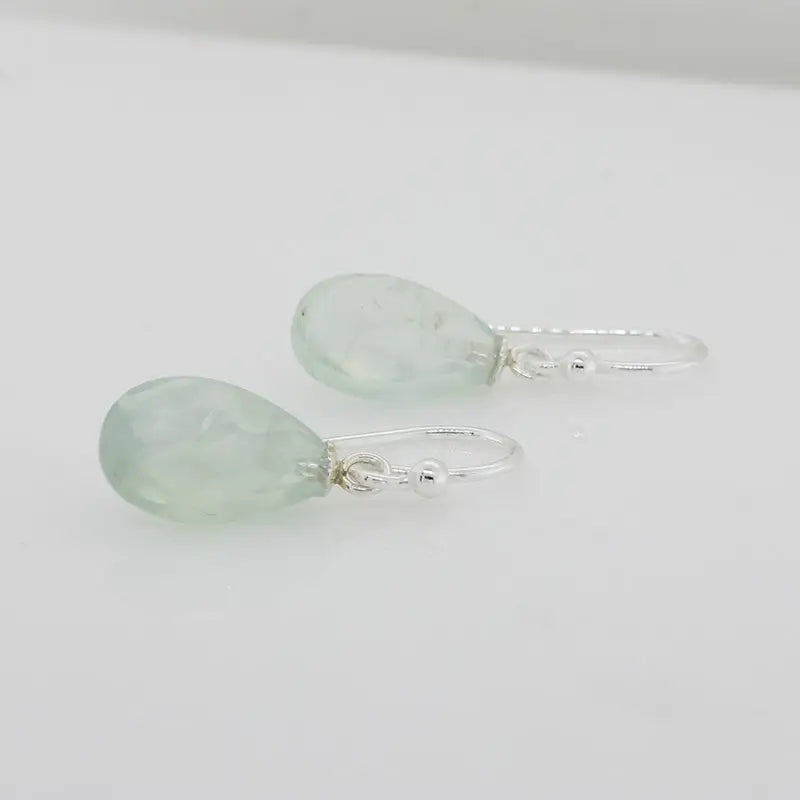 Sterling Silver Shepherd Hook Drop Earrings, 12mm x 8mm x 5mm Briolette Prehnite AA Grade