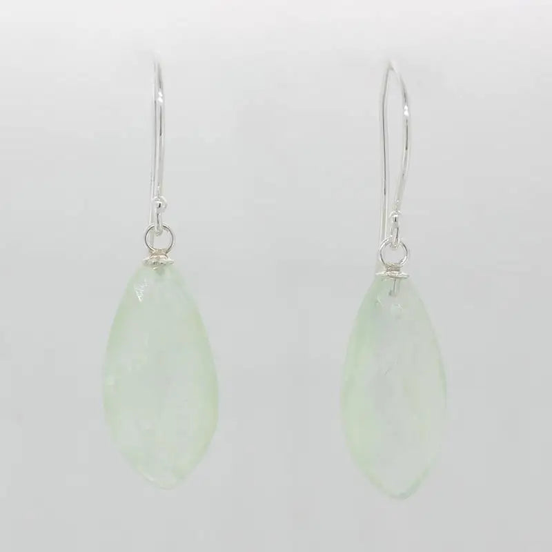 Sterling Silver Shepherd Hook Drop Earrings, 20mm x 10mm x 6mm Briolette Leaf Shaped Prehnite