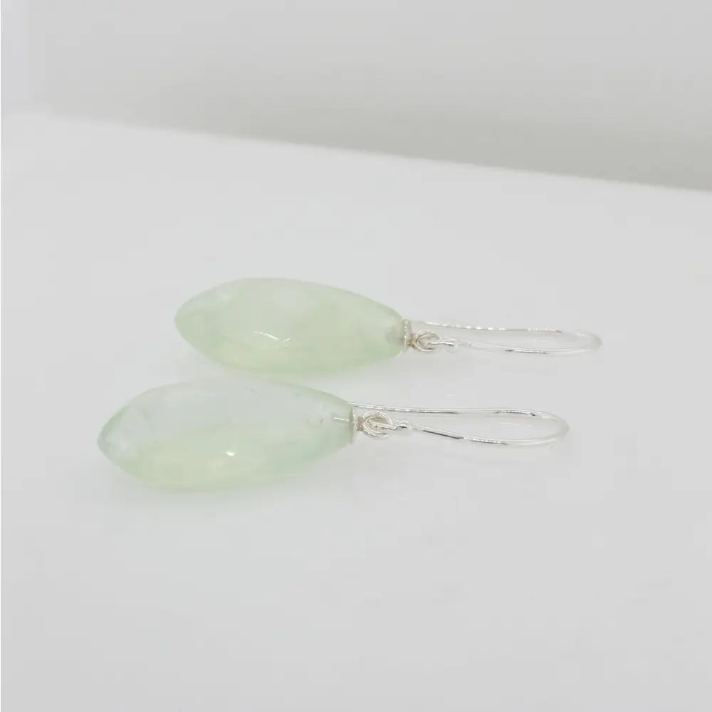 Sterling Silver Shepherd Hook Drop Earrings, 20mm x 10mm x 6mm Briolette Leaf Shaped Prehnite