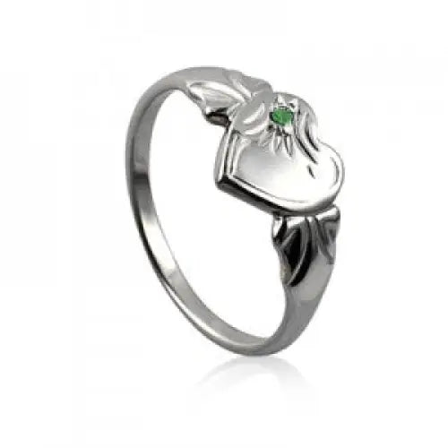 Sterling Silver Signet Ring with Heart Green Stone Size H
