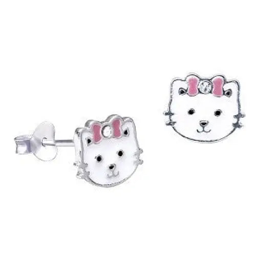 Sterling Silver White Enamel Cat With Pink Bow & Crystal Stud Earrings