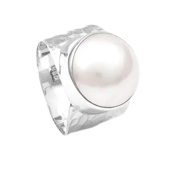 Sterling Silver White Mabé Pearl & Hammered Adjustable Ring