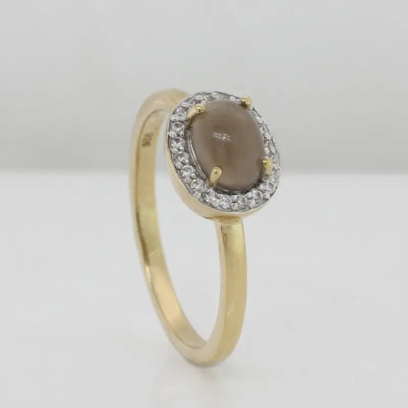 Sterling Silver Yellow Gold Plate Grey Moonstone Oval Cubic Zirconia Halo Ring 2