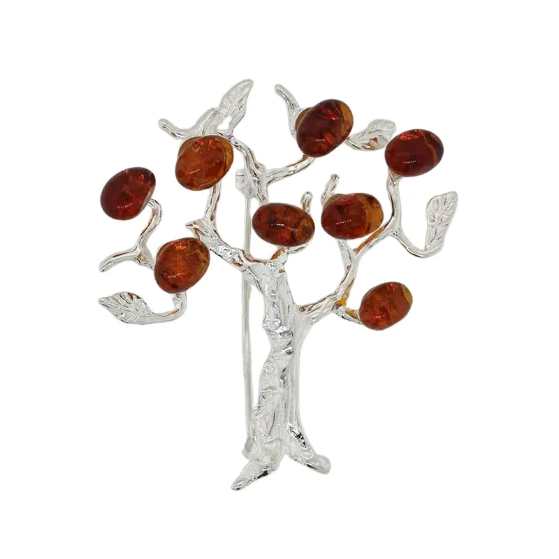 Sterling Silver Amber Tree Brooch - 8 Orange Amber Stones