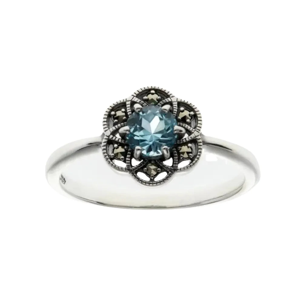 Sterling Silver Antique Style Round 5mm Blue Topaz Marqusite